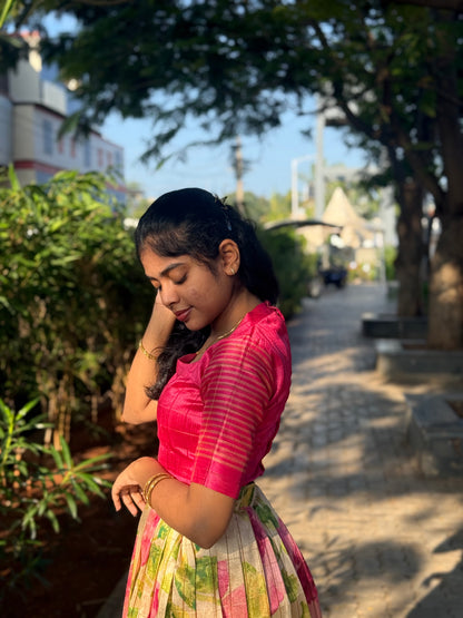 NY 511 Elegant Dola silk skirt material with Silk crop top with elbow puff sleeves