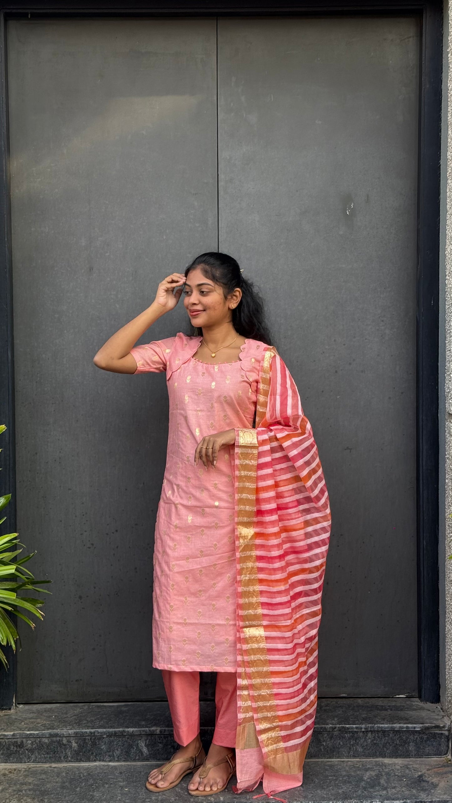 NY 534 Elegant Chanderi kurti with potli buttons on neck with jacquard Duppatta and elbow sleeves