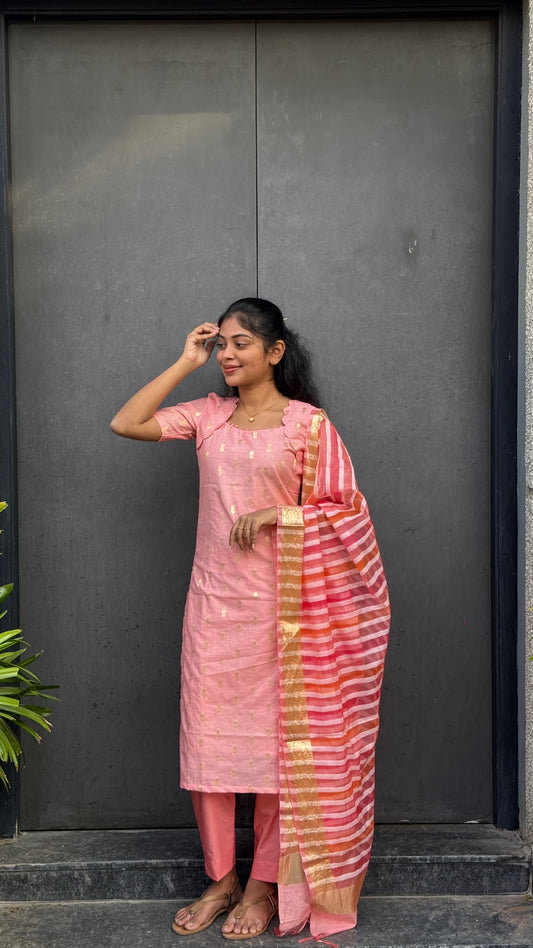 NY 534 Elegant Chanderi kurti with potli buttons on neck with jacquard Duppatta and elbow sleeves