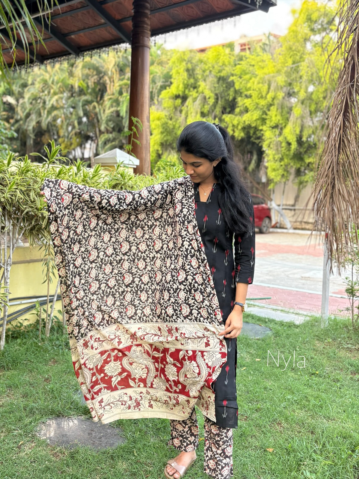 Ny 430 Elegant Cotton ikkat print Kurti with kalamkari pant,duppatta with 3/4th sleeves