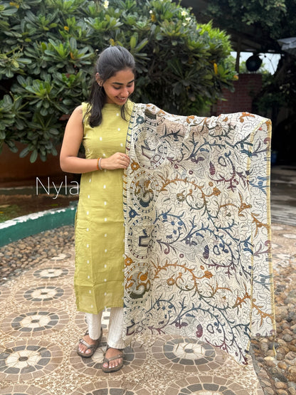 NY 460 Elegant Rawsilk Kurt set with kalamkari duppatta and kantha pant (sleeves can be attached)