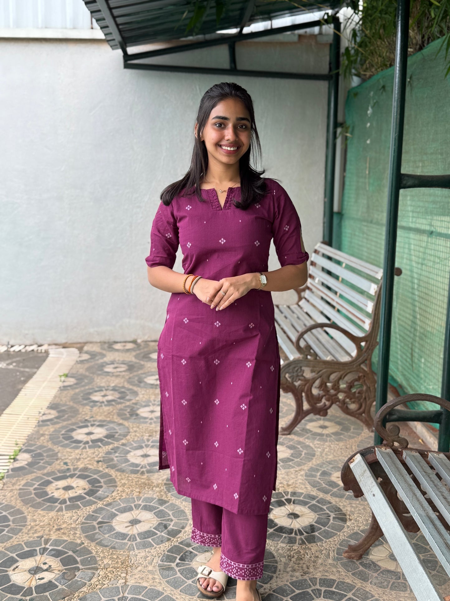 NY 477 Elegant pure handloom cotton set with neck detailings and bow sleeves