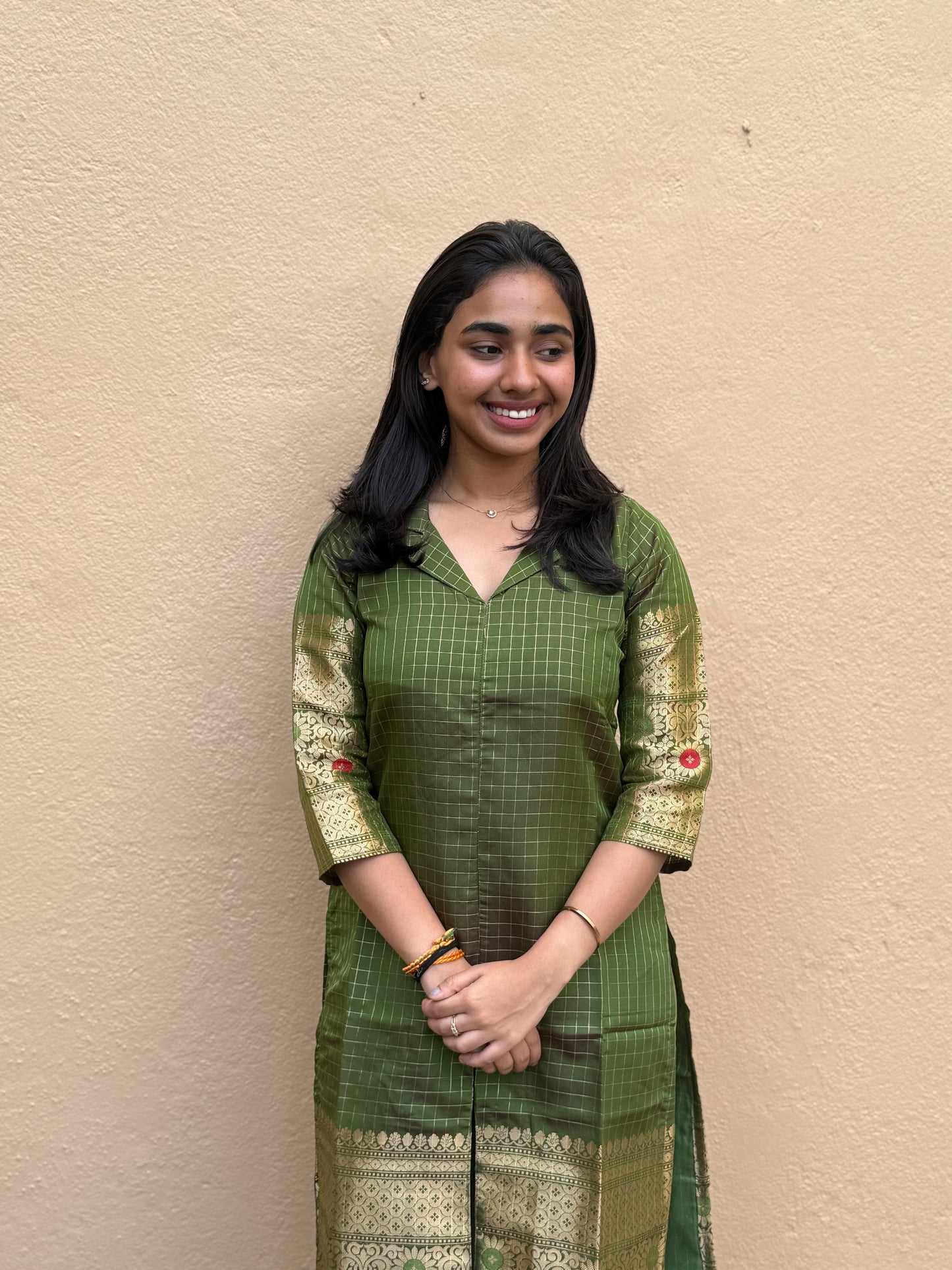 NY 497 Elegant Banarasi checks Kurti with zari border and 3/4th sleeves