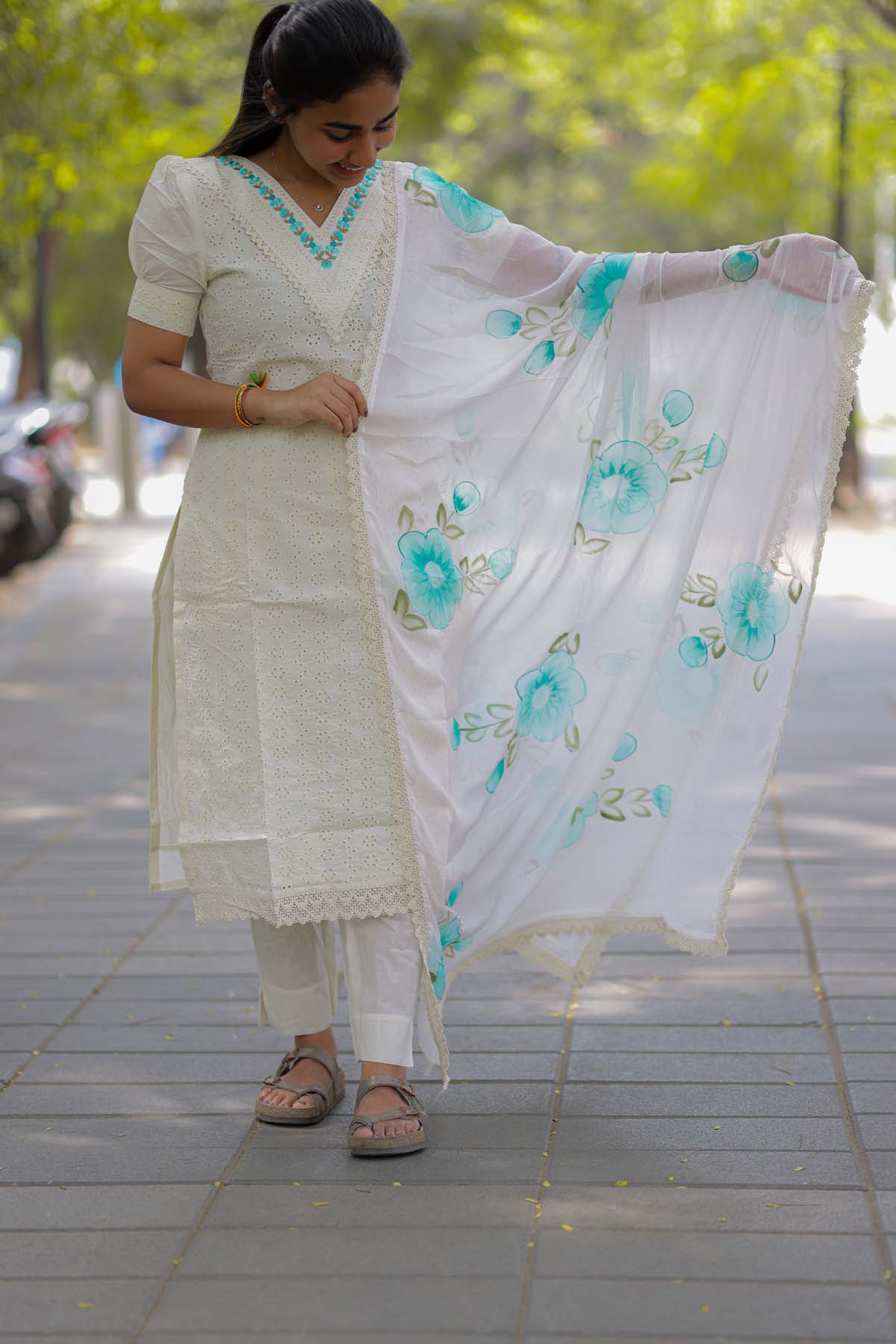 Elegant Cotton hakobha kurti with short puff sleeves