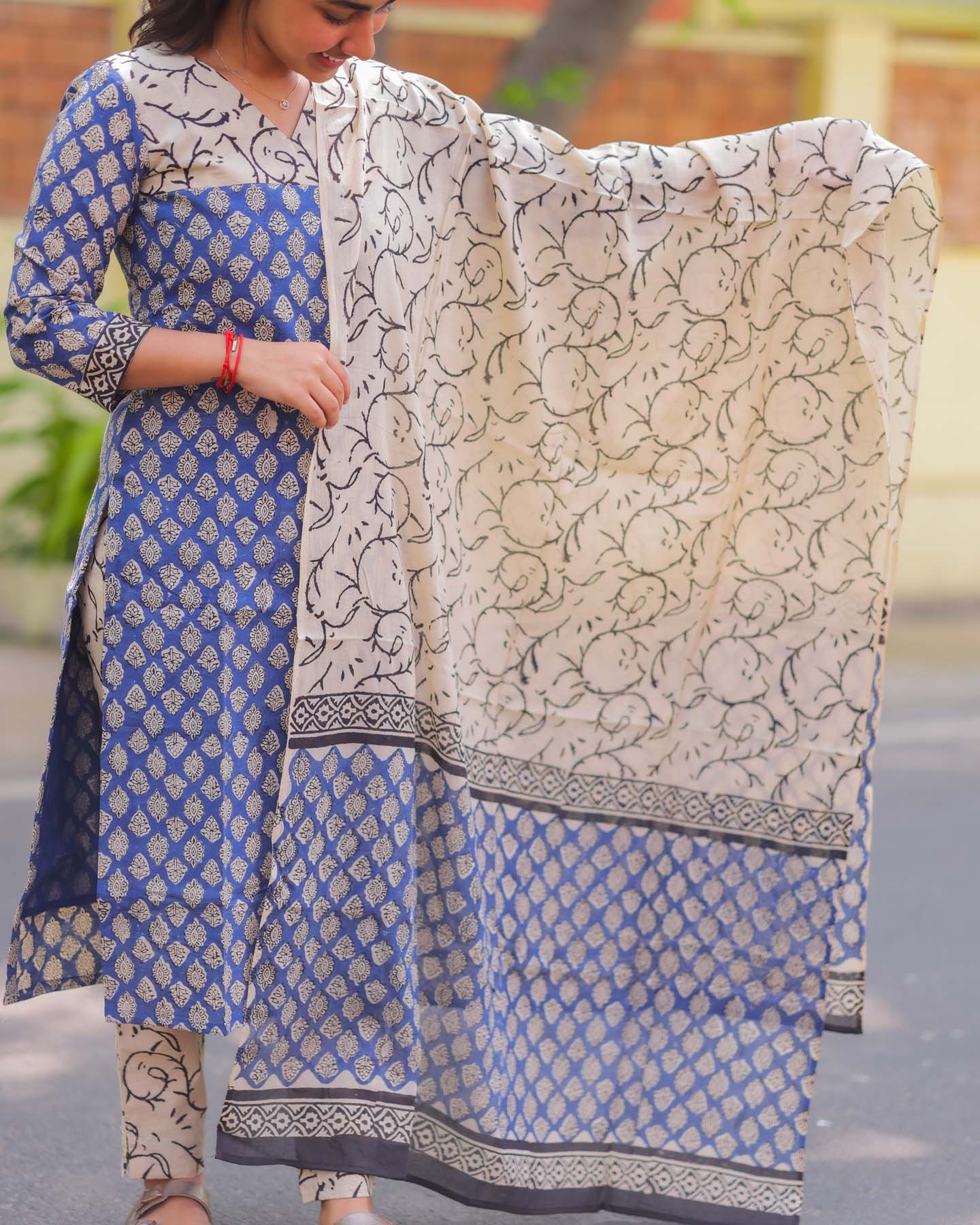 Elegant Handblock print cotton kurti with 3/4th sleeves
