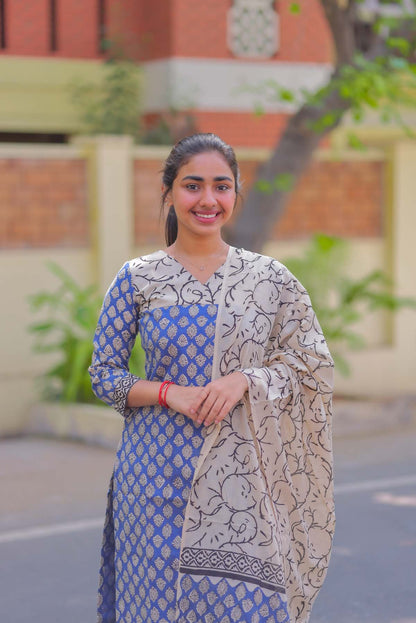 Elegant Handblock print cotton kurti with 3/4th sleeves
