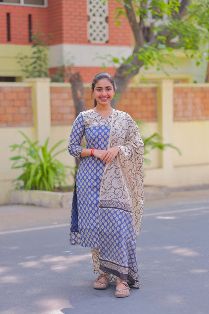 Elegant Handblock print cotton kurti with 3/4th sleeves