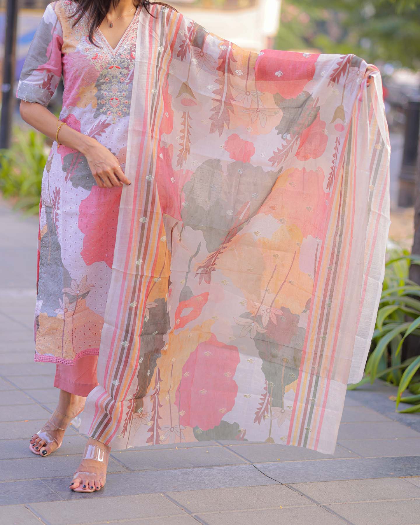 Elegant Pure Cotton Hakobha kurti with embroidery on yoke and 3/4th sleeves