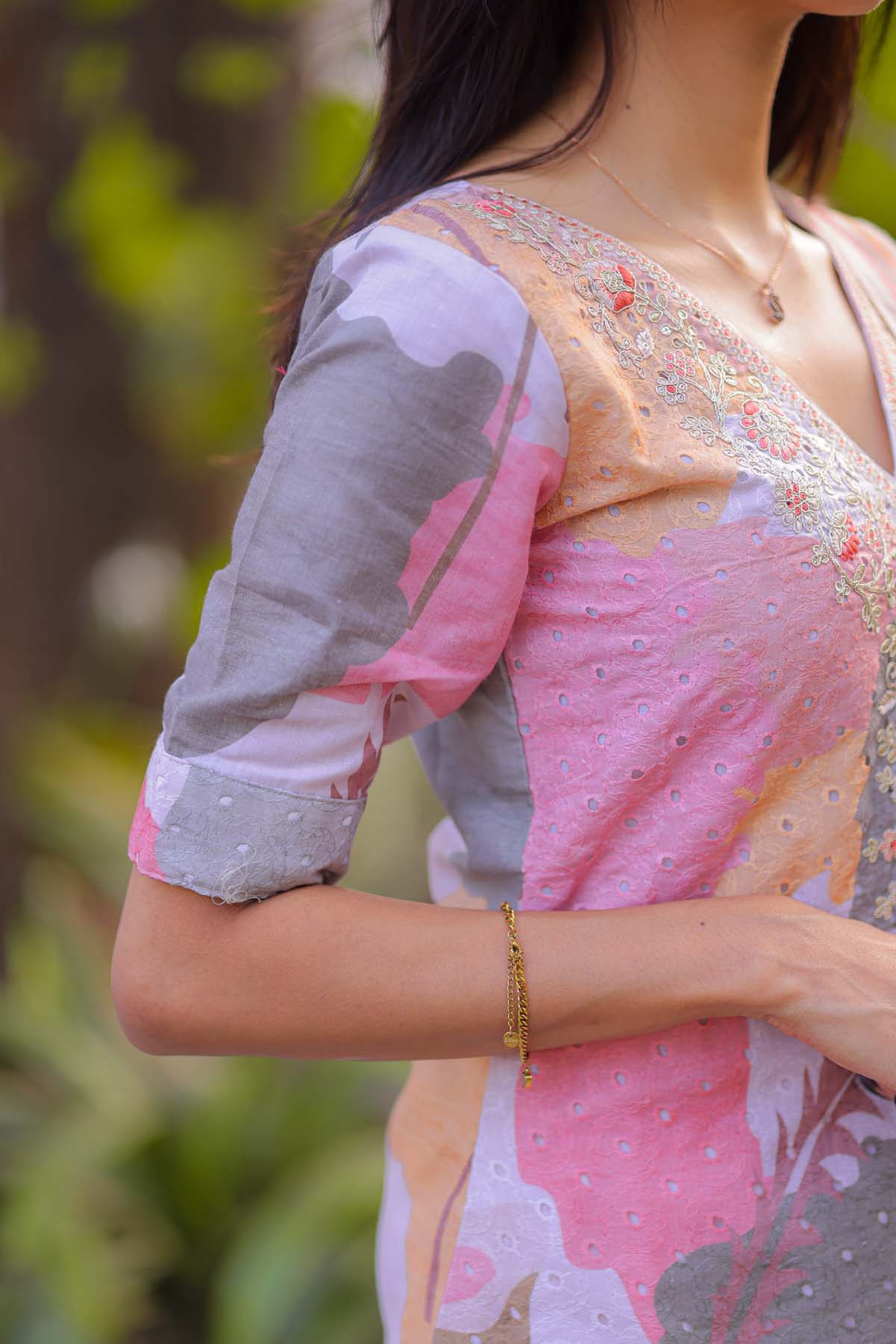 Elegant Pure Cotton Hakobha kurti with embroidery on yoke and 3/4th sleeves