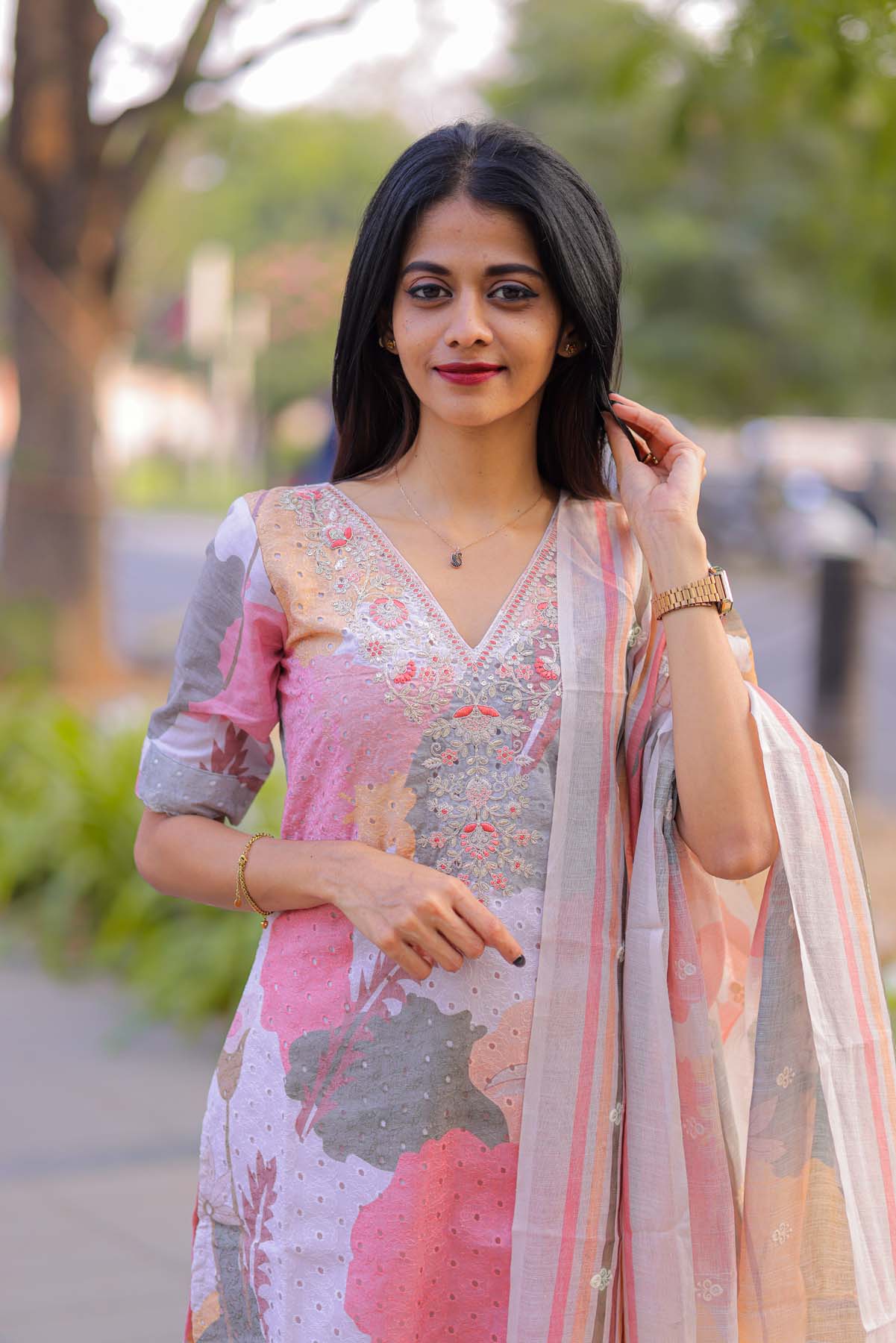 Elegant Pure Cotton Hakobha kurti with embroidery on yoke and 3/4th sleeves