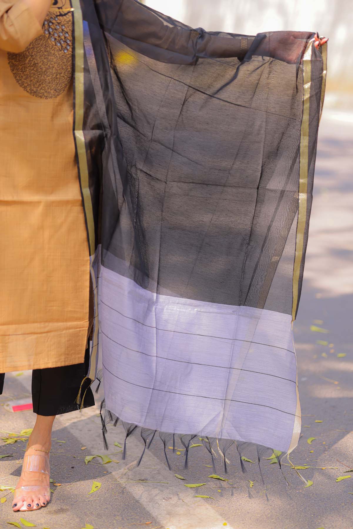 Elegant Rawsilk kurti with embroidery on yoke and cotton pant with kota duppatta and 3/4th sleeves