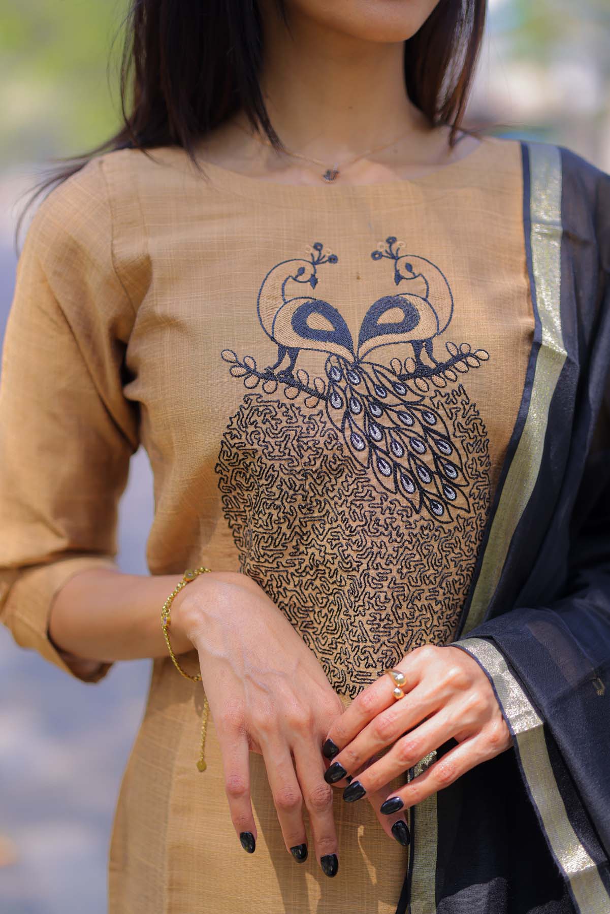 Elegant Rawsilk kurti with embroidery on yoke and cotton pant with kota duppatta and 3/4th sleeves