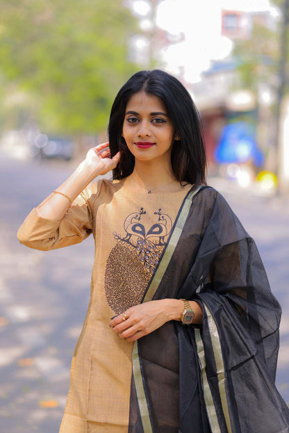 Elegant Rawsilk kurti with embroidery on yoke and cotton pant with kota duppatta and 3/4th sleeves
