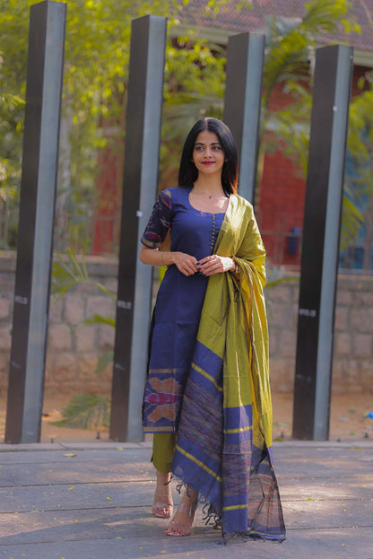 Elegant Ikkat Cotton kurti with pot neck elbow sleeves and potli buttons on the yoke