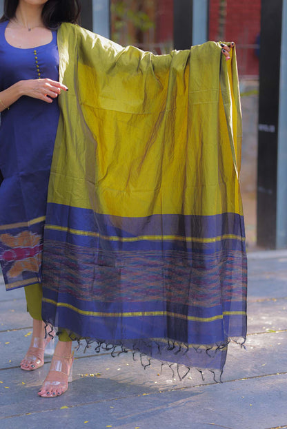 Elegant Ikkat Cotton kurti with pot neck elbow sleeves and potli buttons on the yoke