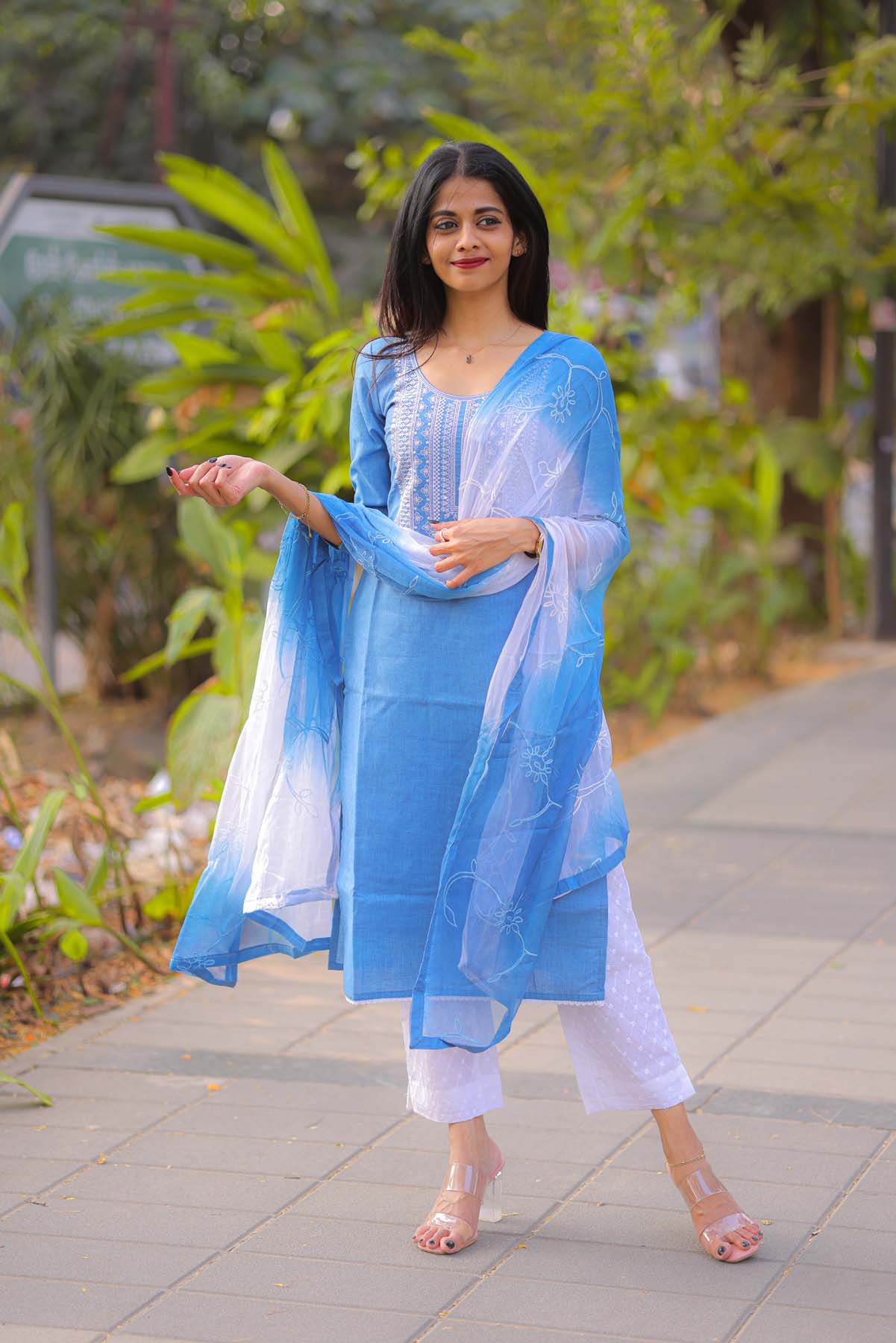 Elegant Denim cotton kurti with yoke embroidery and 3/4th sleeves ,hakobha pant