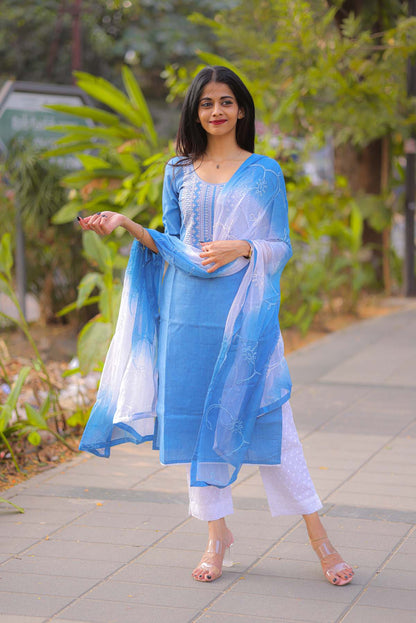 Elegant Denim cotton kurti with yoke embroidery and 3/4th sleeves ,hakobha pant