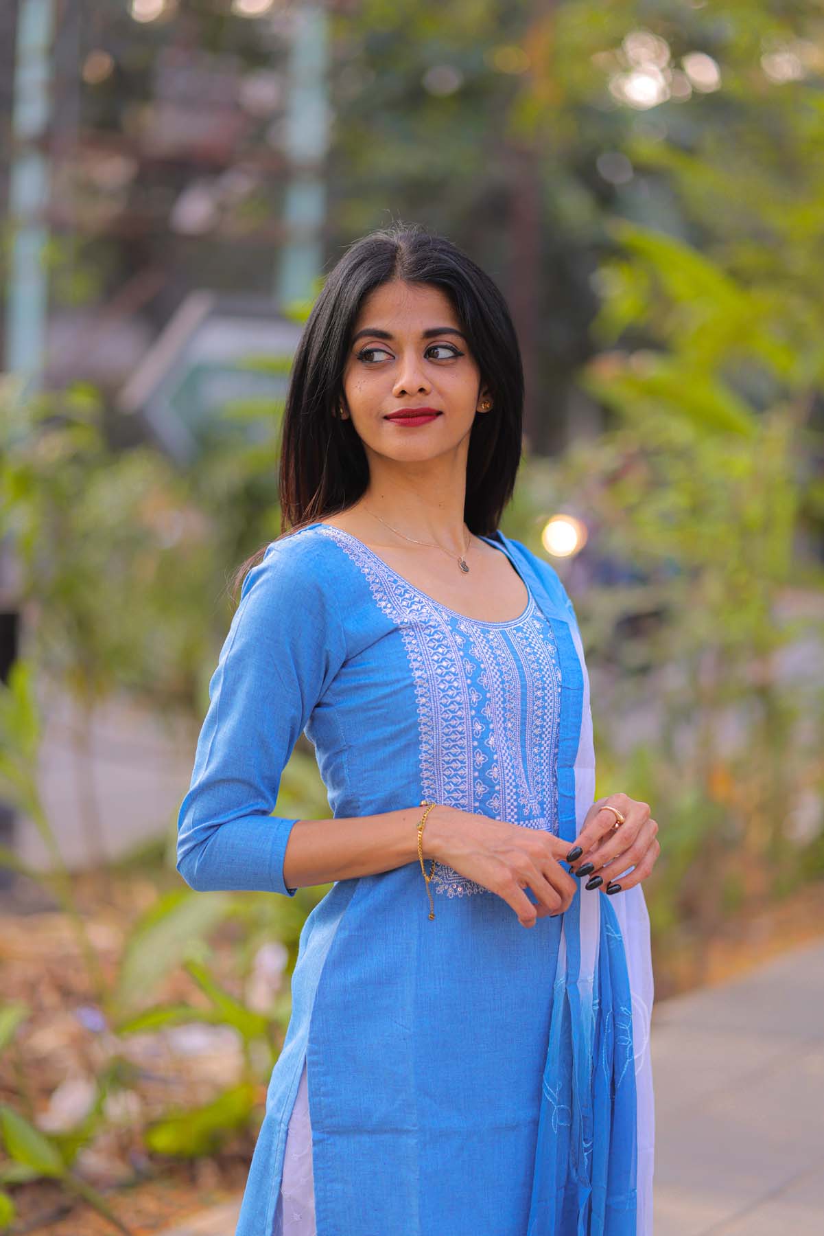 Elegant Denim cotton kurti with yoke embroidery and 3/4th sleeves ,hakobha pant