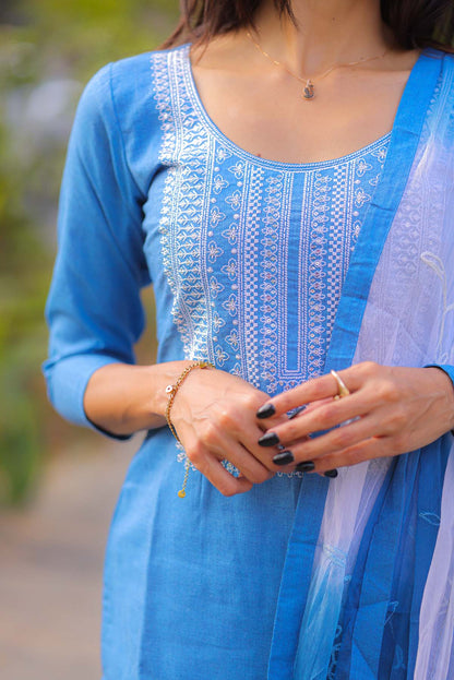 Elegant Denim cotton kurti with yoke embroidery and 3/4th sleeves ,hakobha pant