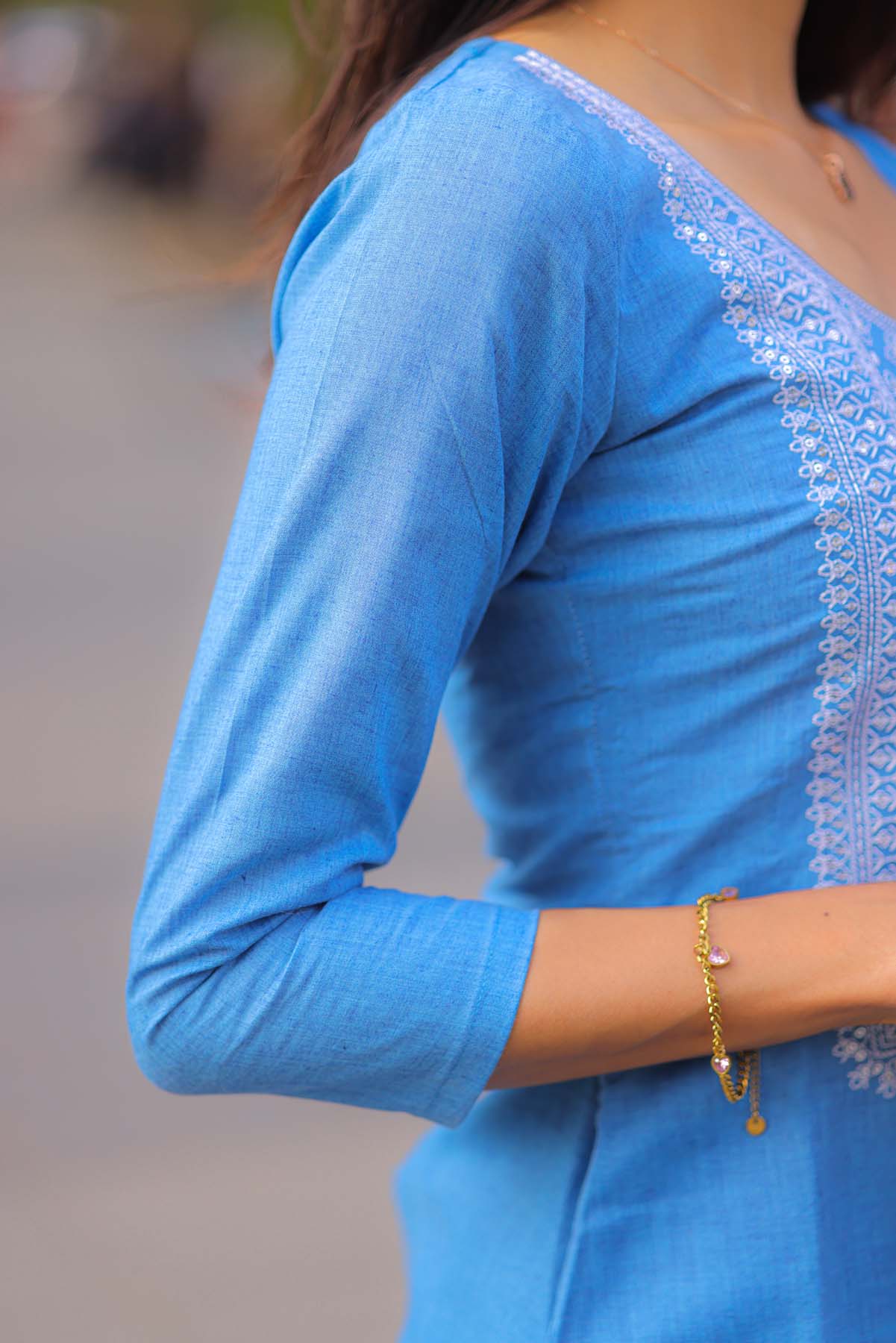 Elegant Denim cotton kurti with yoke embroidery and 3/4th sleeves ,hakobha pant
