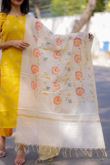 Elegant Cotton Banaras kurti with 3/4th sleeves and embroidery on duppatta