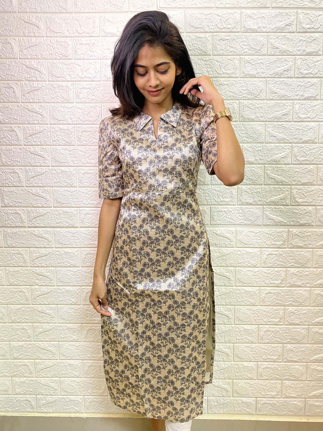 Elegant Rawsilk with golden sequence and  elbow sleeves