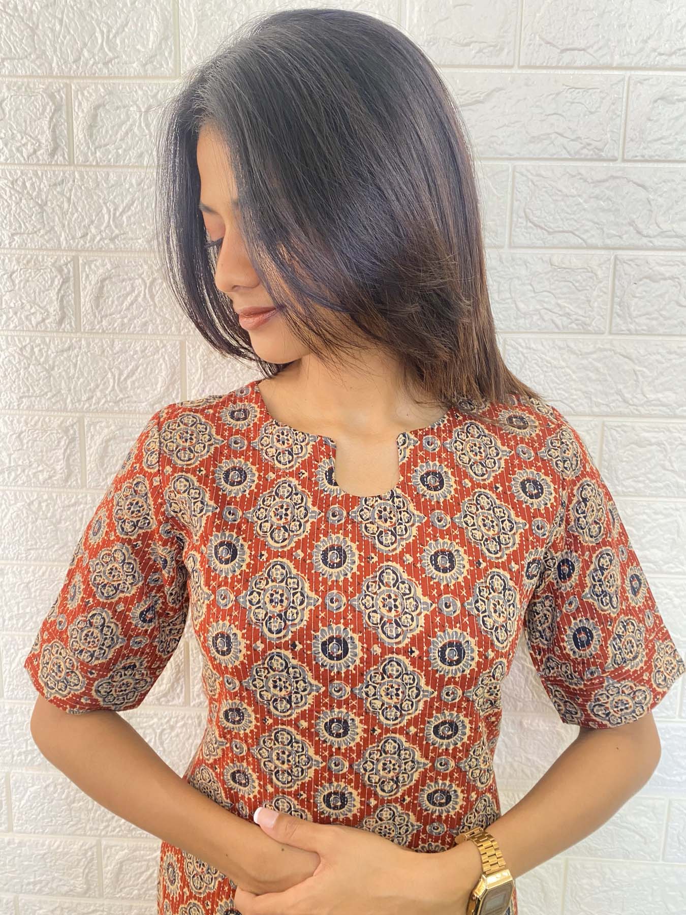 Elegant Kantha Cotton kurti with elbow puff sleeves