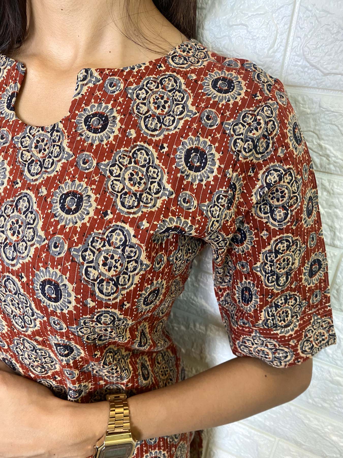 Elegant Kantha Cotton kurti with elbow puff sleeves
