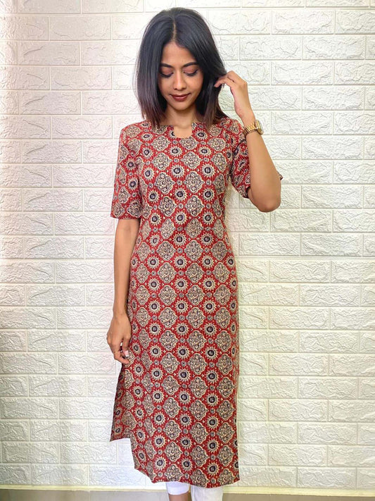 Elegant Kantha Cotton kurti with elbow puff sleeves