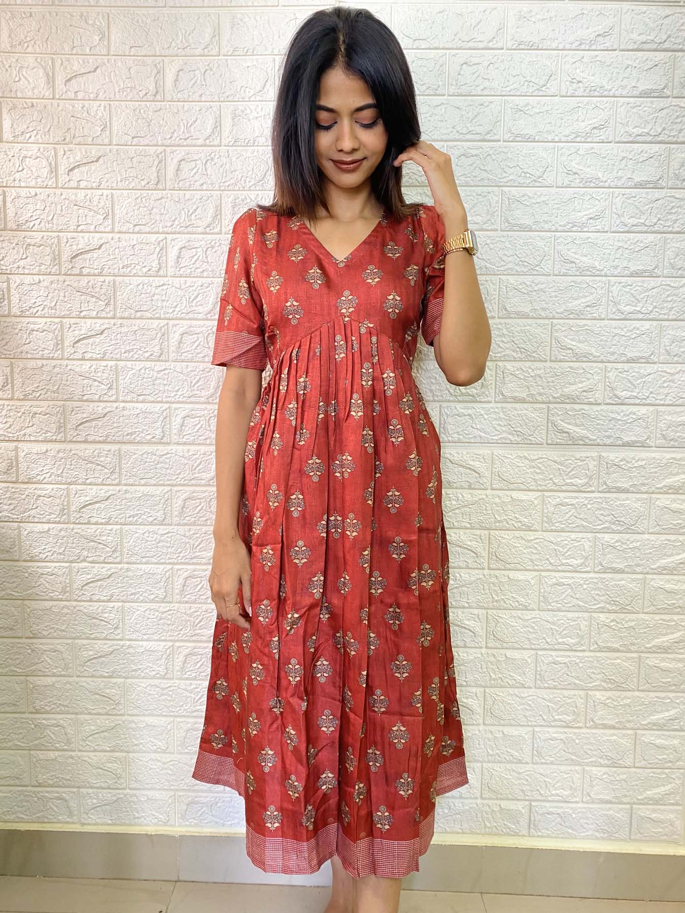 Elegant Chanderi silk alia cut maxi with Kotha border and elbow puff sleeves