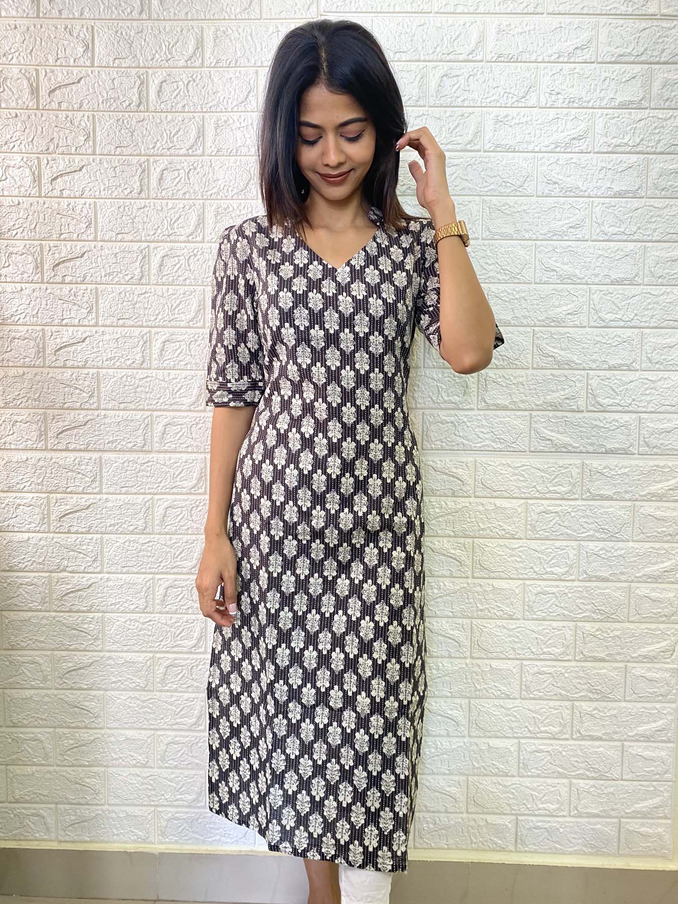 Elegant Kantha Cotton kurti with elbow sleeves