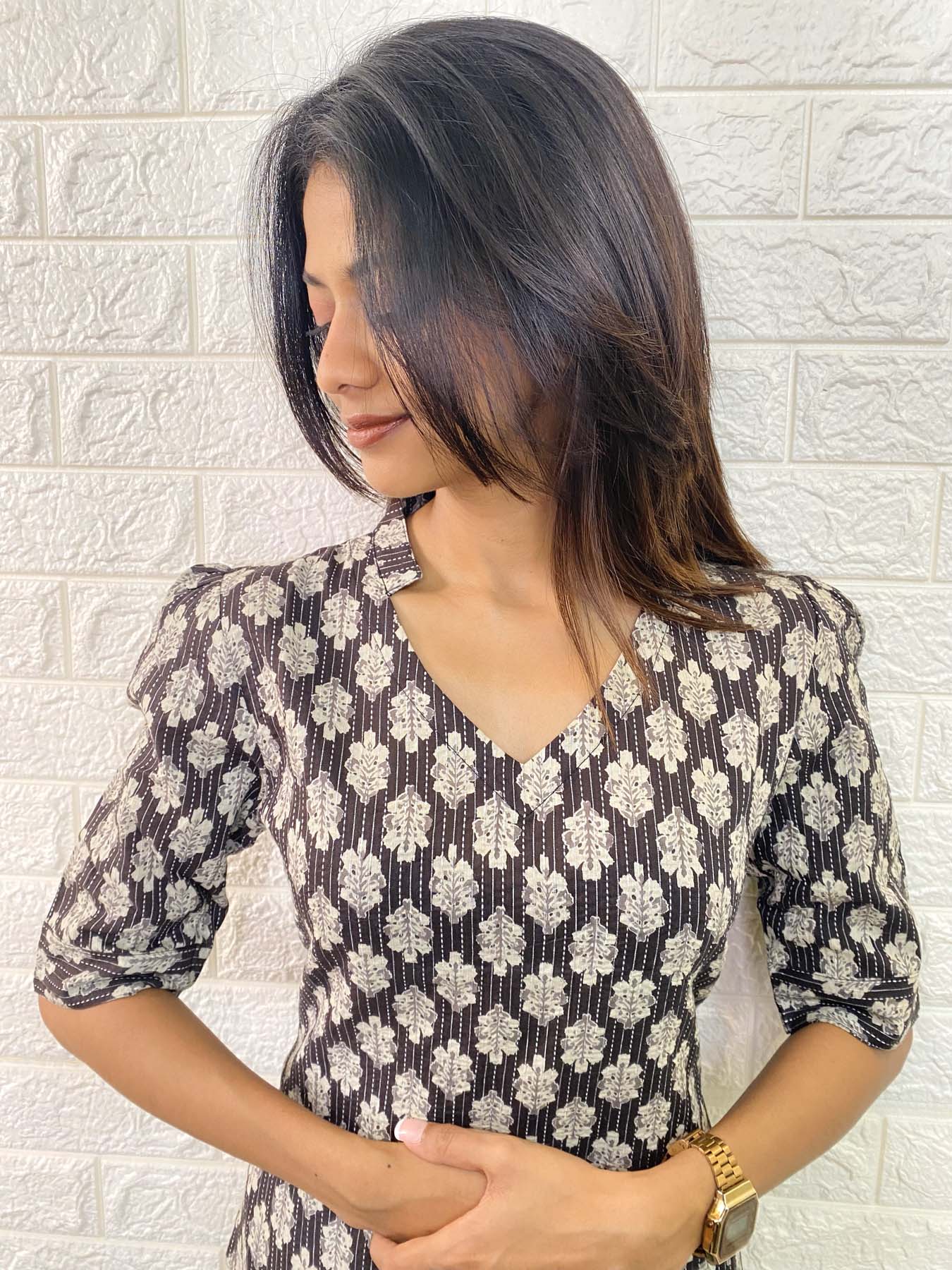 Elegant Kantha Cotton kurti with elbow sleeves