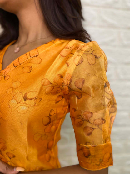 Organza kurti with elbow puff sleeves and lining attached