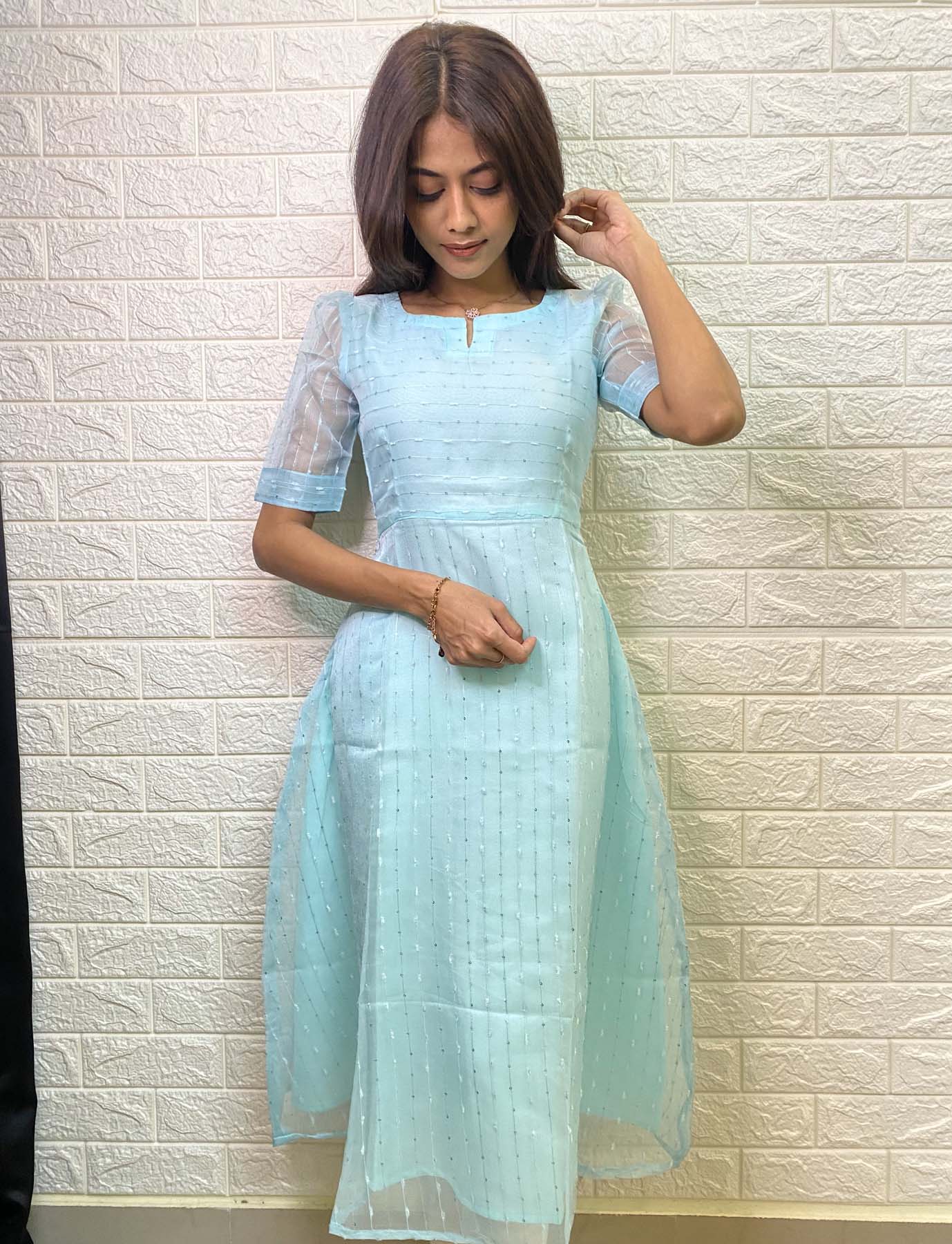 Jute Organza maxi with elbow puff sleeves
