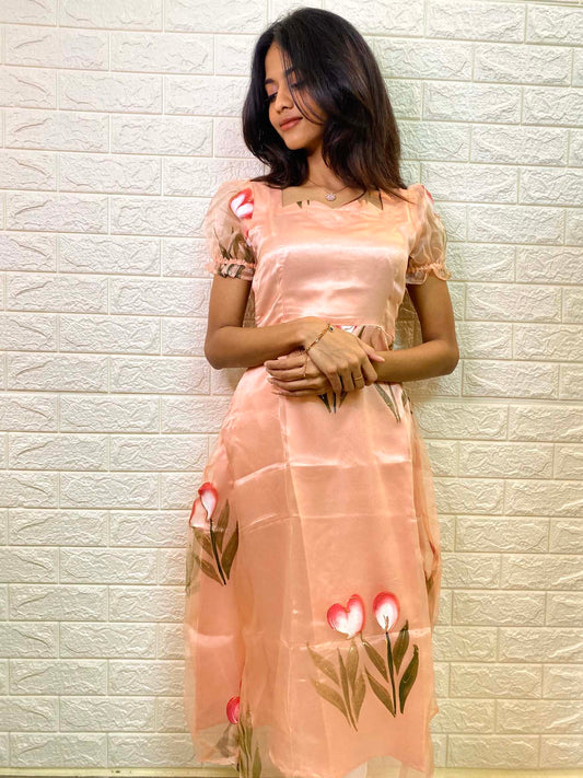 Handpaint Organza maxi with elastic short puff sleeves
