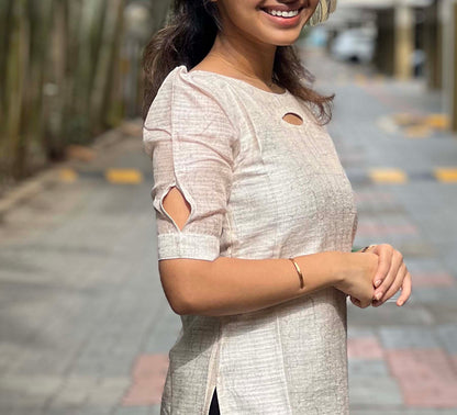 Elegant Tussar Silk kurti with Tussar Duppatta with elbow puff sleeves