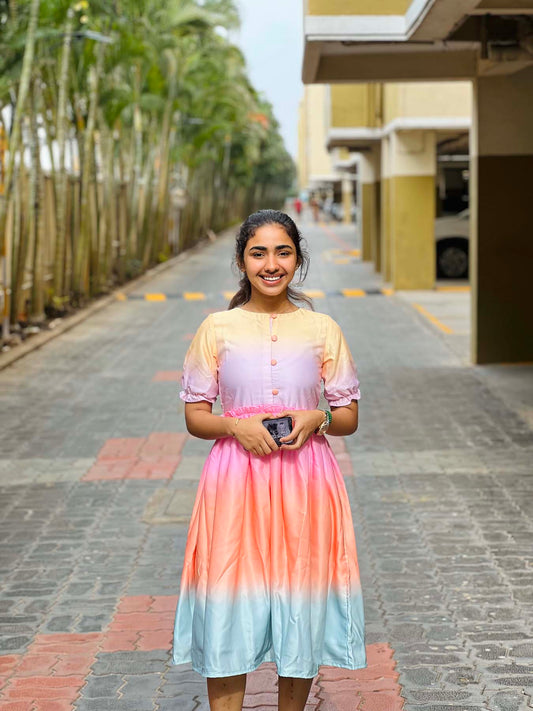 Elegant Multicolour maxi with elbow puff sleeves (Lining attached)
