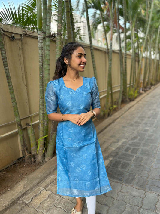 Elegant chanderi shimmer kurti with elbow puff sleeves