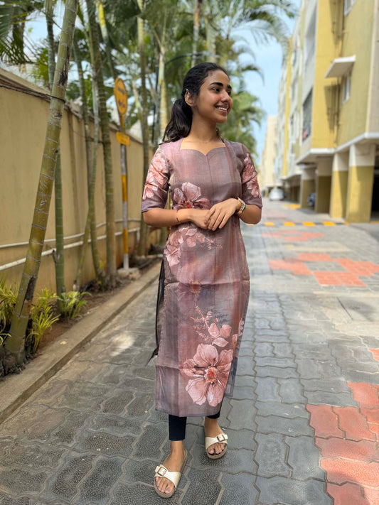 Elegant Chanderi silk digital print with elbow puff sleeves