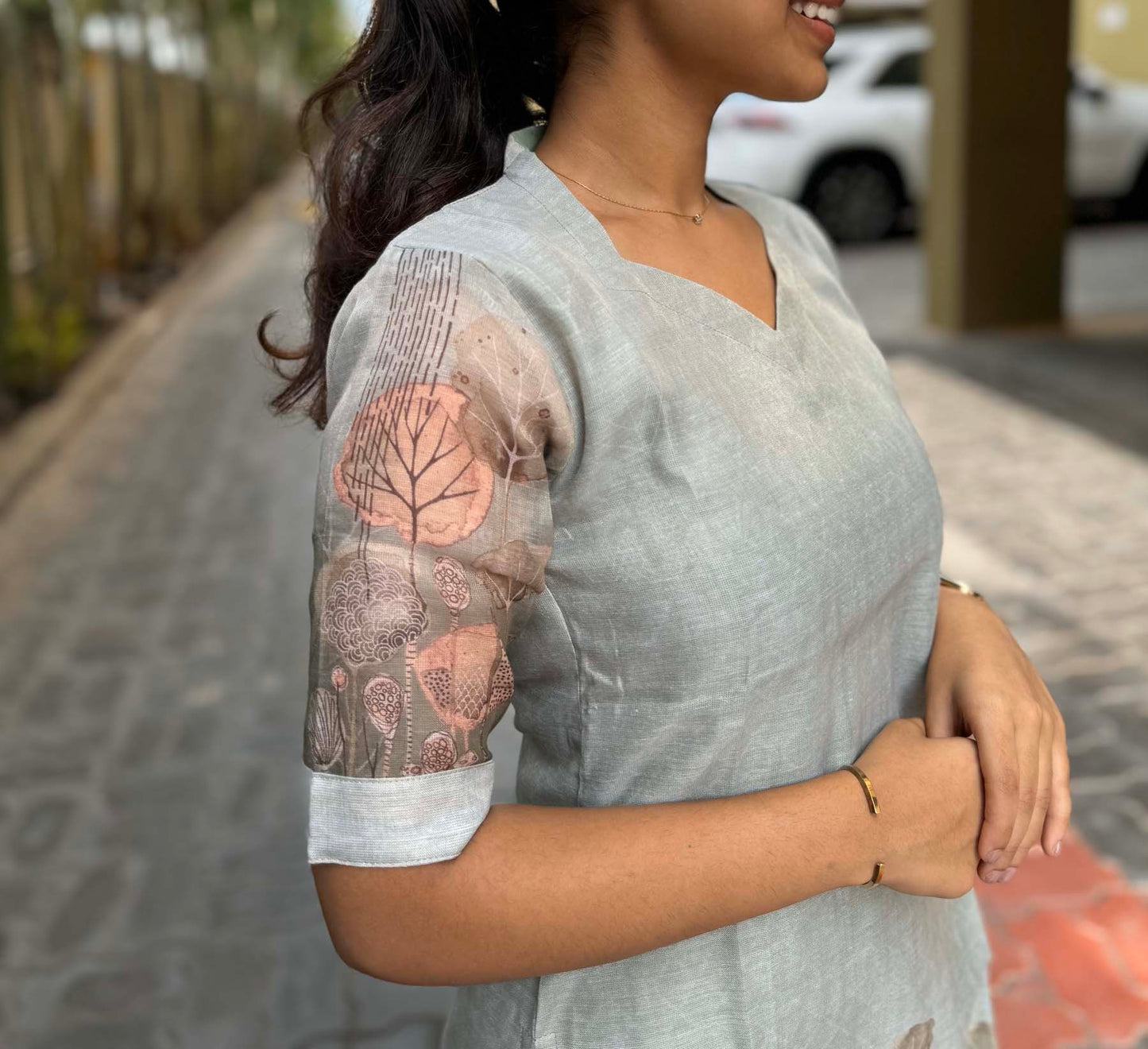 Elegant  Chanderi silk digital print kurti with elbow sleeves