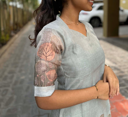 Elegant  Chanderi silk digital print kurti with elbow sleeves