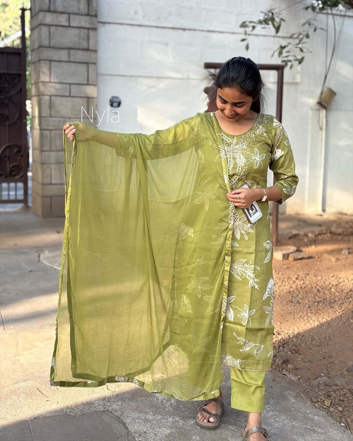 Elegant Chinnon Silk kurti with hand embroidery and 3/4th puff sleeves