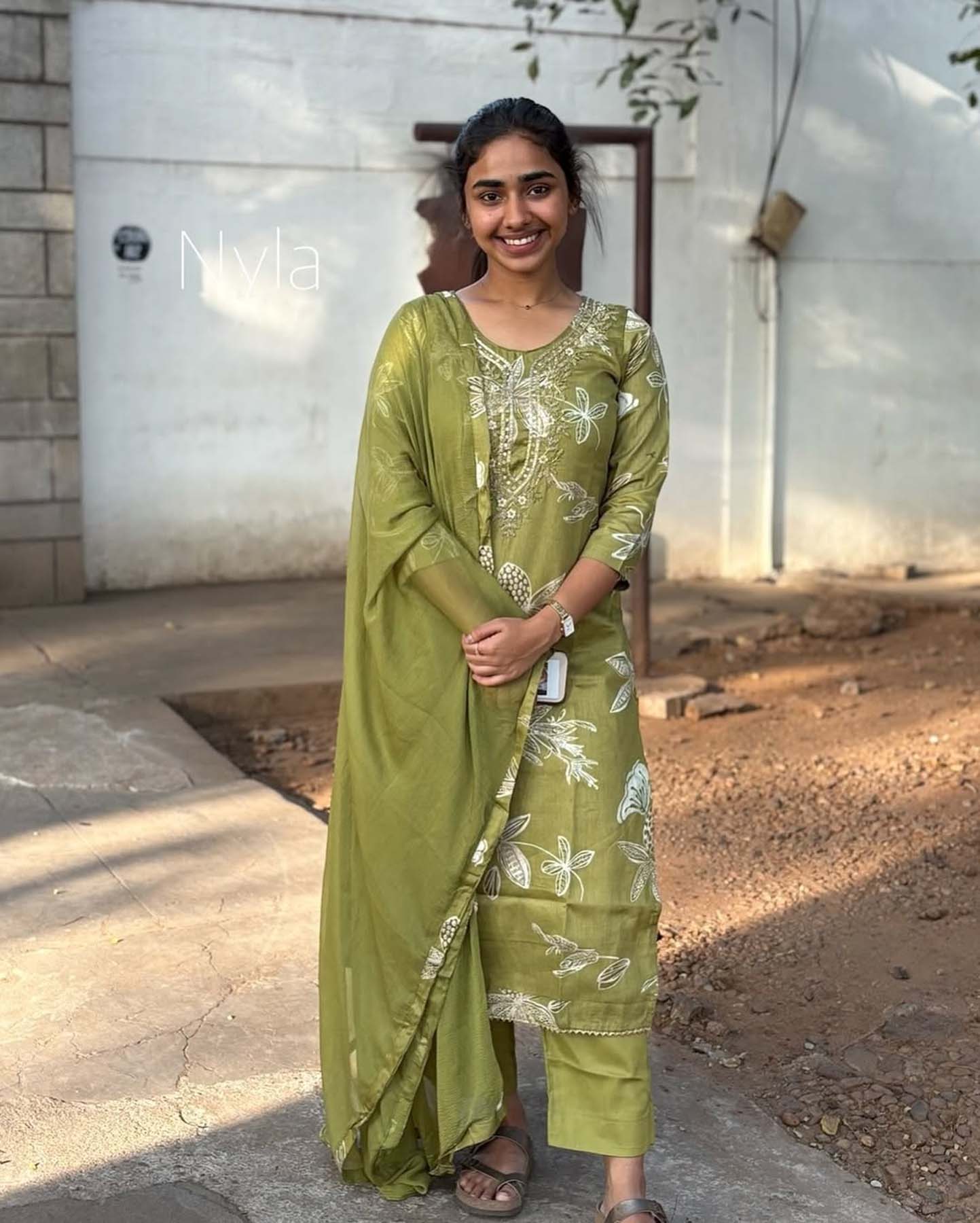 Elegant Chinnon Silk kurti with hand embroidery and 3/4th puff sleeves