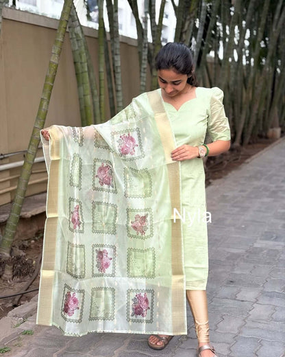 Elegant Chanderi silk with golden butta kurti and elbow puff sleeves