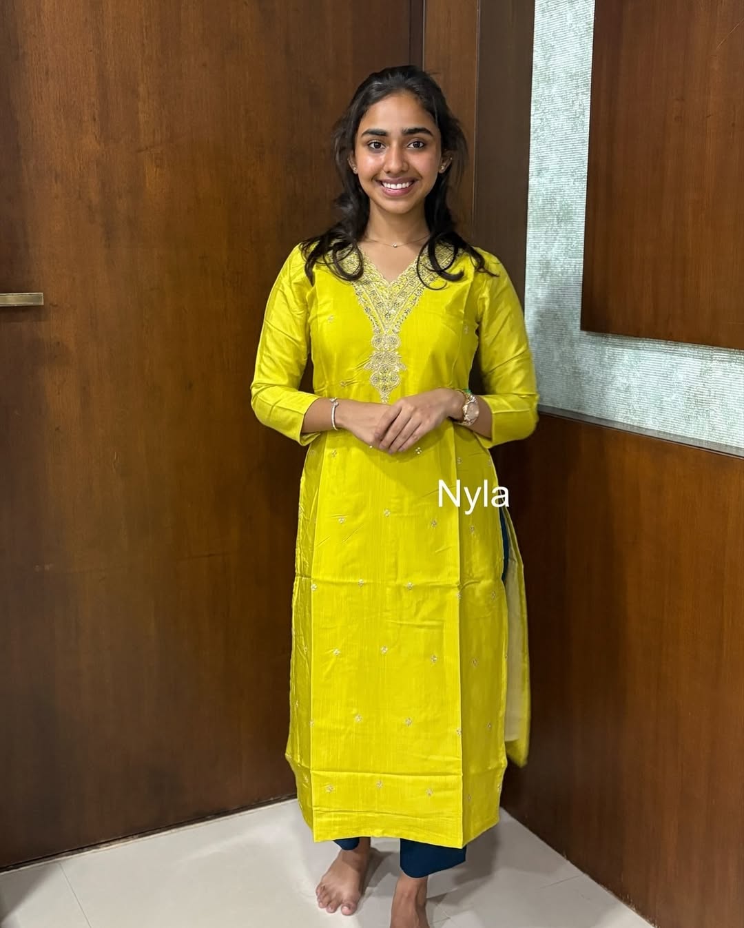 Elegant Premium Cinnon Silk with neck embroidery and 3/4th sleeves