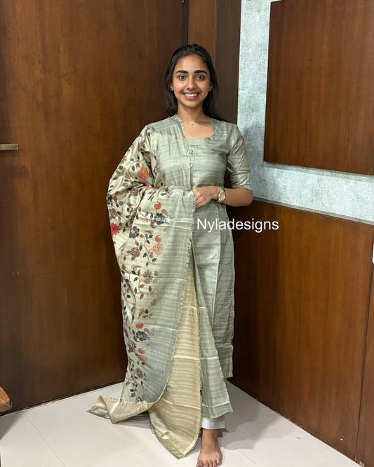 Elegant Premium Semi Tussar Silk kurti with Kalamkari digital print Duppatta and Silk Pant