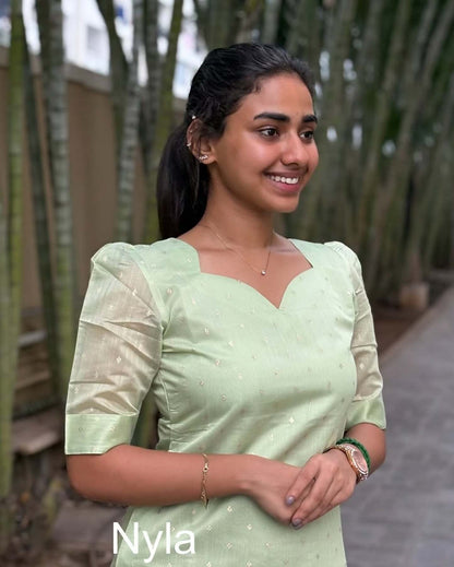 Elegant Chanderi silk with golden butta kurti and elbow puff sleeves
