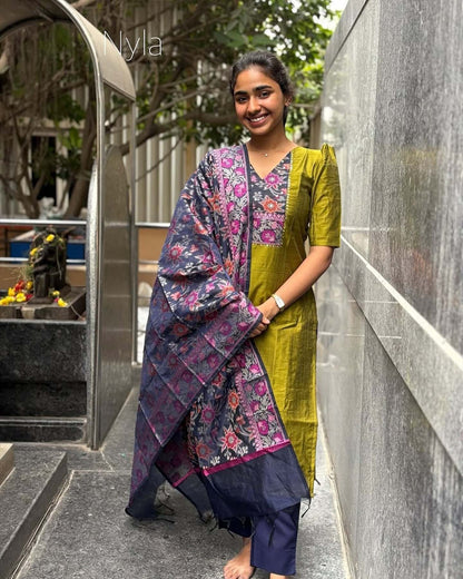 Elegant Chanderi Silk with embroidery on yoke and elbow puff sleeves with banarasi duppatta
