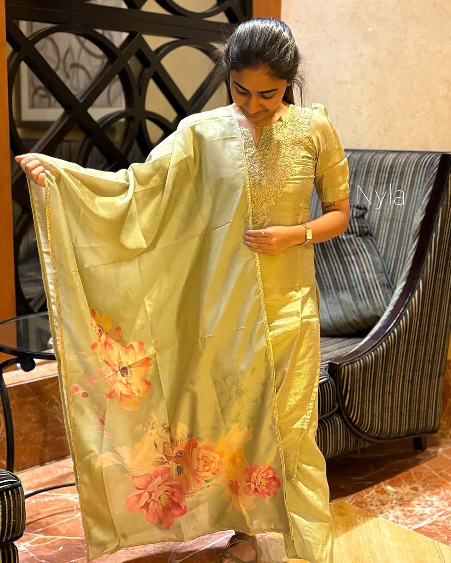 Elegant Chanderi Silk Shimmer kurti with hand embroidery and elbow sleeves