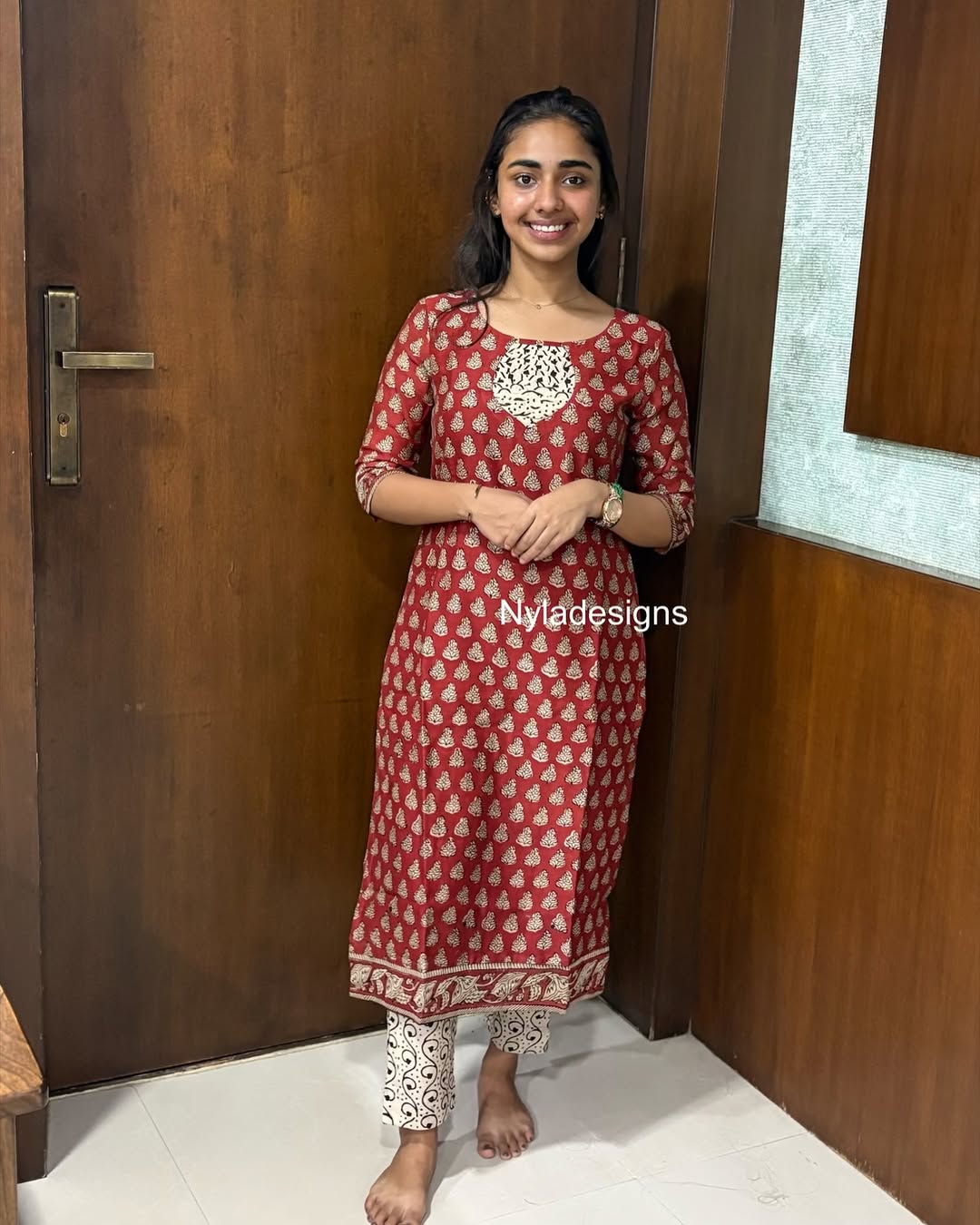 Elegant Chanderi with handblock print kurti and 3/4th sleeves